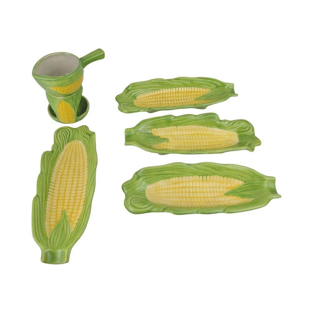 Ceramic Corn On The Cob Figural Plates (4) & Butter Warmer Serving Vintage